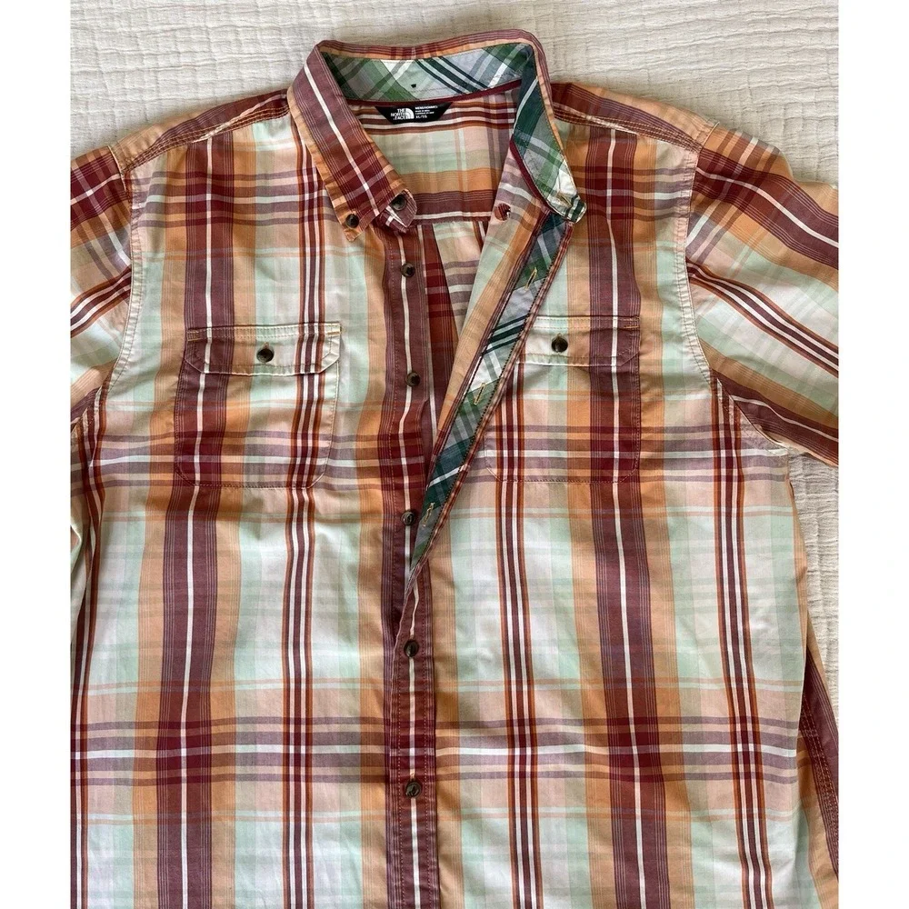 North‎ Face Mens XL Short Sleeve Button Down Shirt Plaid Red Orange Cotton
